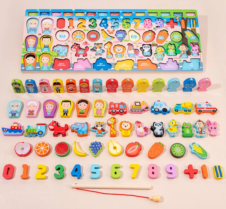 QWZ Kids Montessori Educational Wooden Math Toys Children Busy Board Count Shape Colors Match Fishing Puzzle Learning Toys Gifts