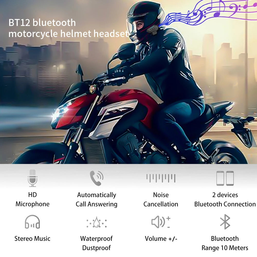 BT12 Motorcycle Helmet Headset Stereo Bluetooth Earphone Wireless Handsfree Mic Headphones Music Player For Motorbike Rider