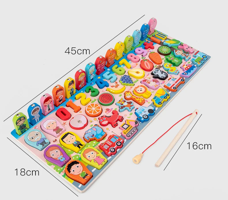 QWZ Kids Montessori Educational Wooden Math Toys Children Busy Board Count Shape Colors Match Fishing Puzzle Learning Toys Gifts