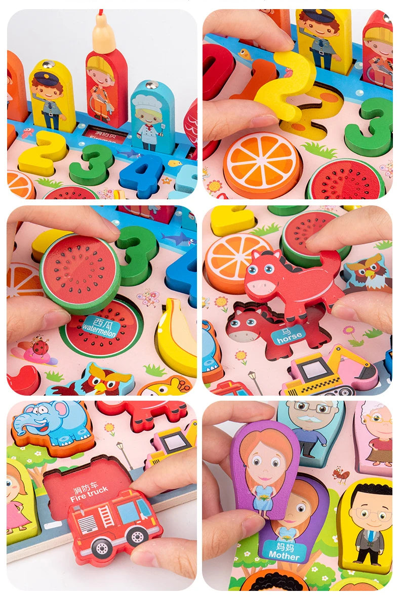 QWZ Kids Montessori Educational Wooden Math Toys Children Busy Board Count Shape Colors Match Fishing Puzzle Learning Toys Gifts