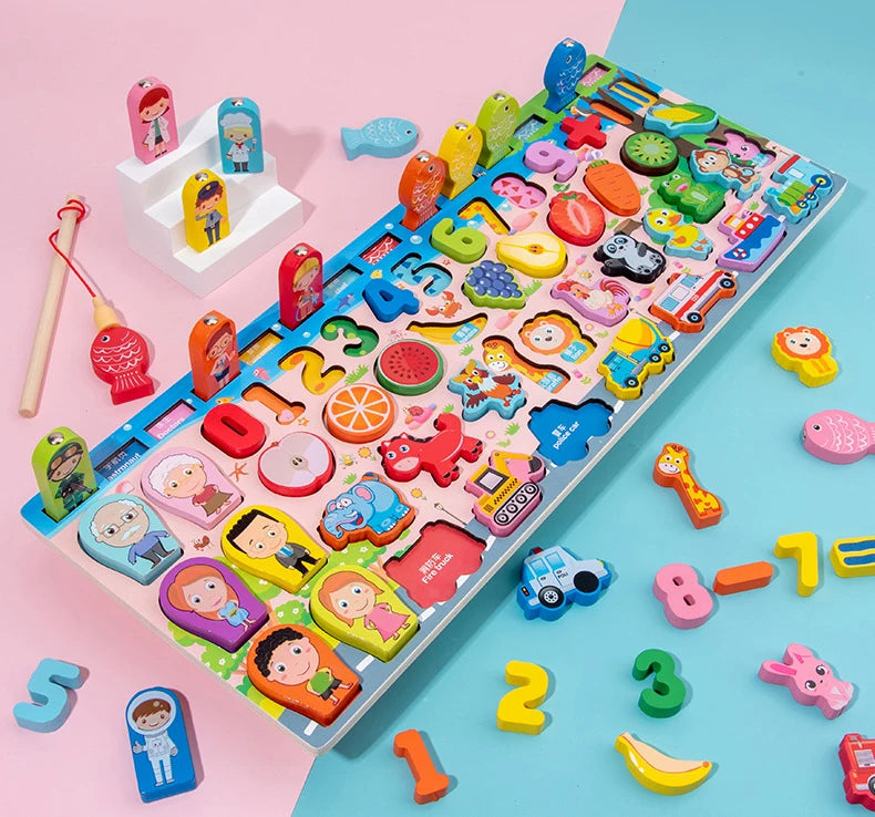 QWZ Kids Montessori Educational Wooden Math Toys Children Busy Board Count Shape Colors Match Fishing Puzzle Learning Toys Gifts