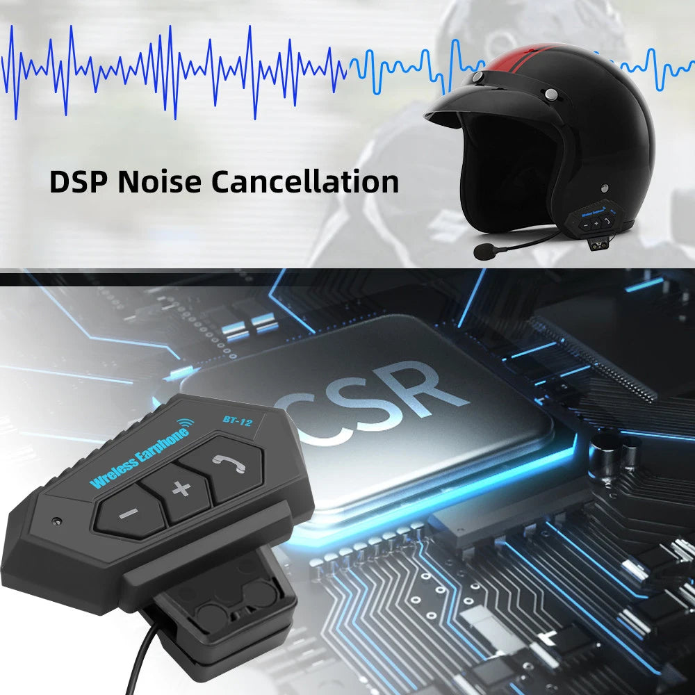 BT12 Motorcycle Helmet Headset Stereo Bluetooth Earphone Wireless Handsfree Mic Headphones Music Player For Motorbike Rider