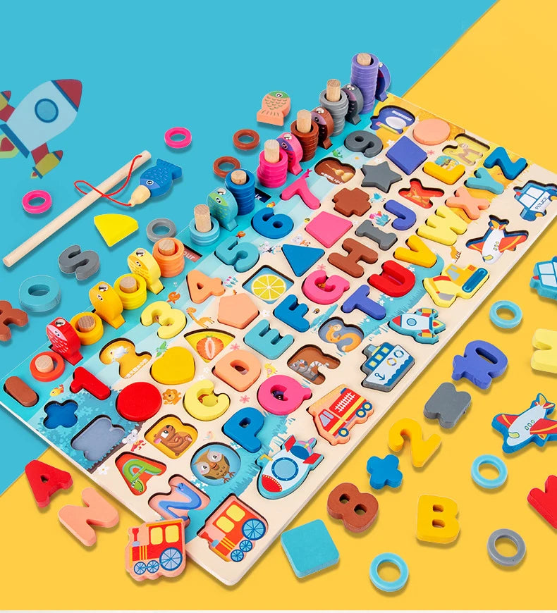 QWZ Kids Montessori Educational Wooden Math Toys Children Busy Board Count Shape Colors Match Fishing Puzzle Learning Toys Gifts