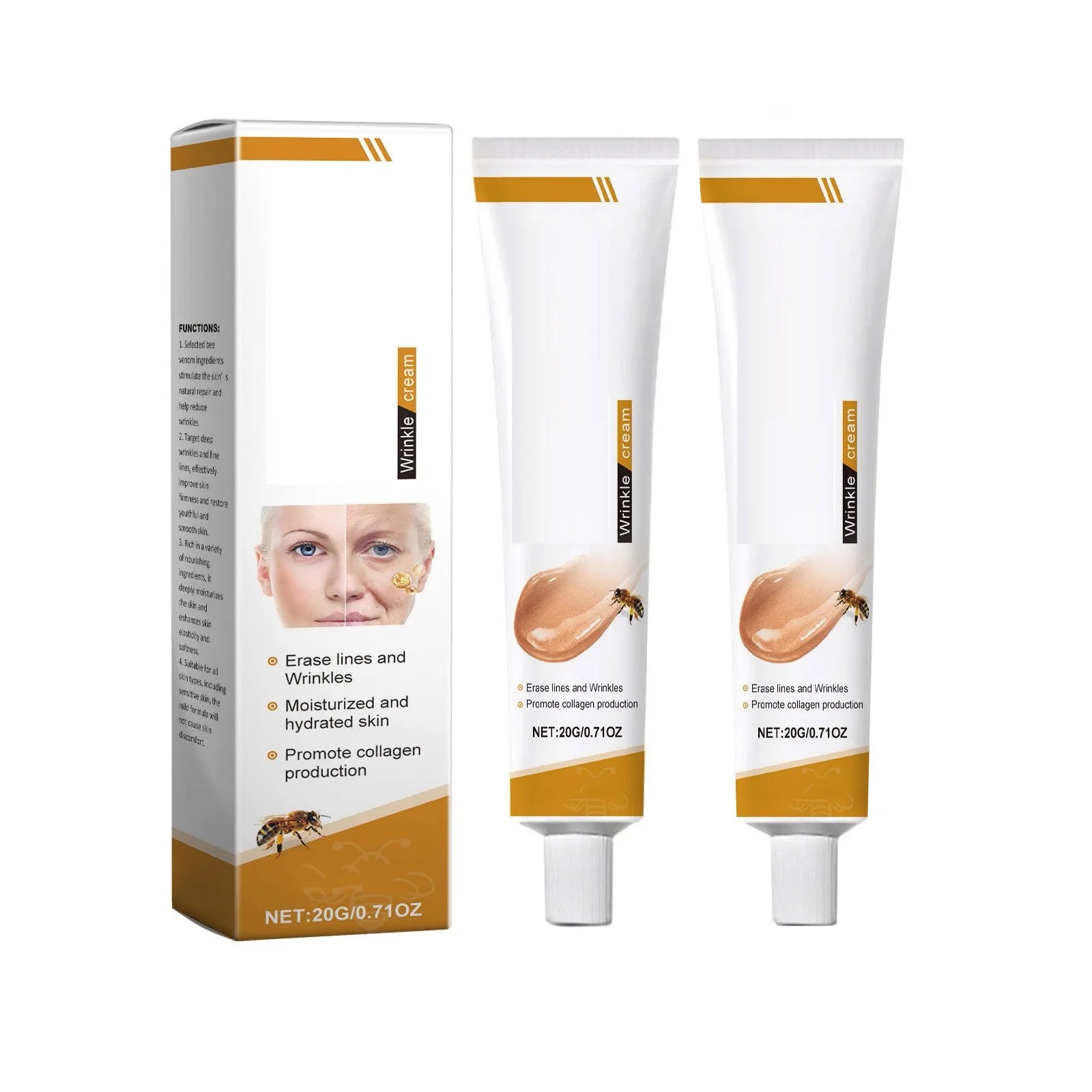 Facial Care Cream, Bee Venom Anti-Wrinkle Cream, Hydrating, Brightening, Delicate Rejuvenating, Soft Skin Care Cream 20g, 0.71oz