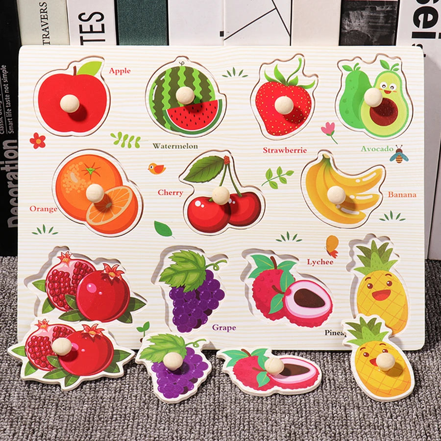 Montessori Wooden Hand Grab Boards Tangram Jigsaw Baby Educational Cartoon Vehicle Animals Fruits 3D Puzzles Early Education