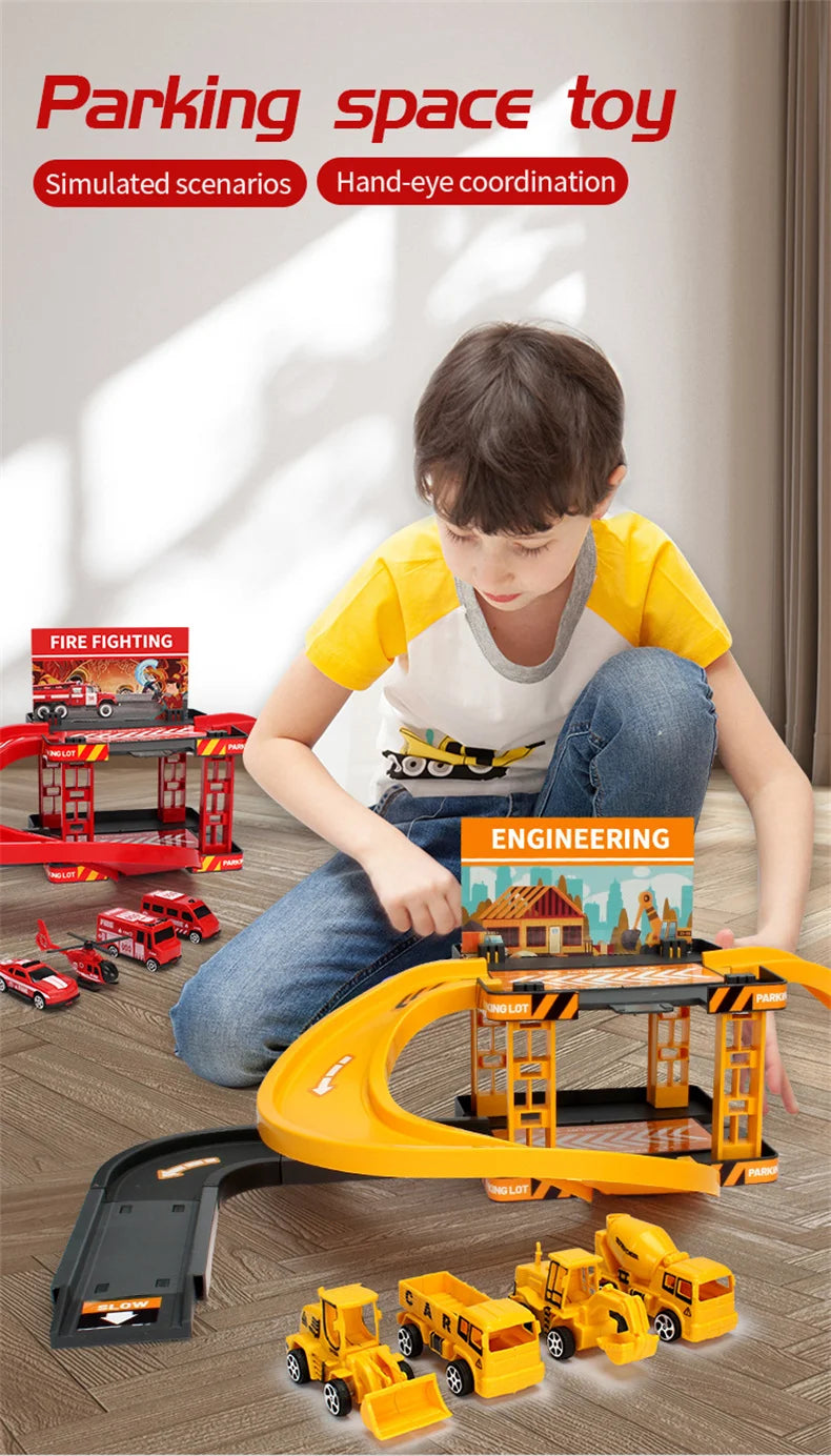 Children's Track Parking Lot Fire Truck Police Engineering Vehicle Dinosaur Car Toys Multi-Storey Car Parking Building For boys