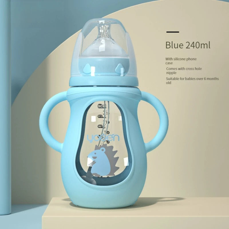 Glass Baby Bottle with Straw Wide Mouth Glass Silicone Handle Shatter Resistant and Autoclavable BPA Free