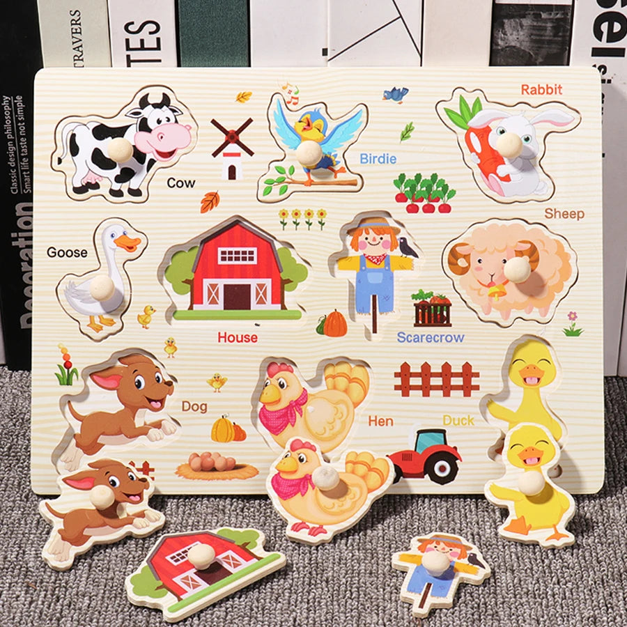Montessori Wooden Hand Grab Boards Tangram Jigsaw Baby Educational Cartoon Vehicle Animals Fruits 3D Puzzles Early Education
