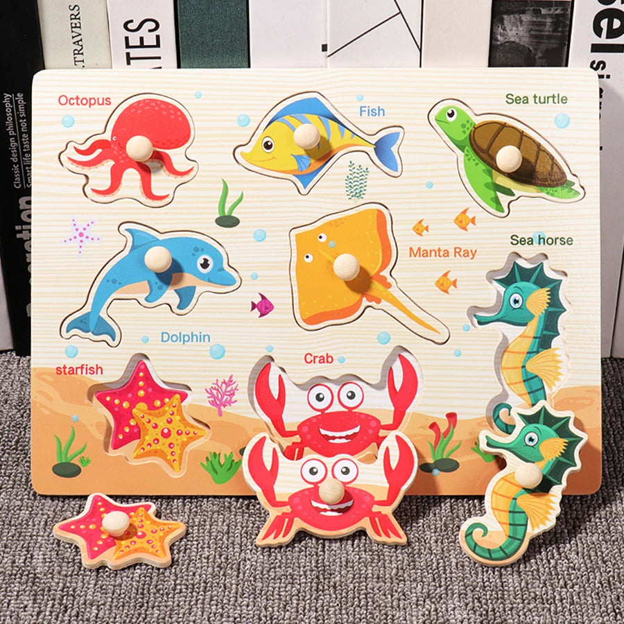Montessori Wooden Hand Grab Boards Tangram Jigsaw Baby Educational Cartoon Vehicle Animals Fruits 3D Puzzles Early Education