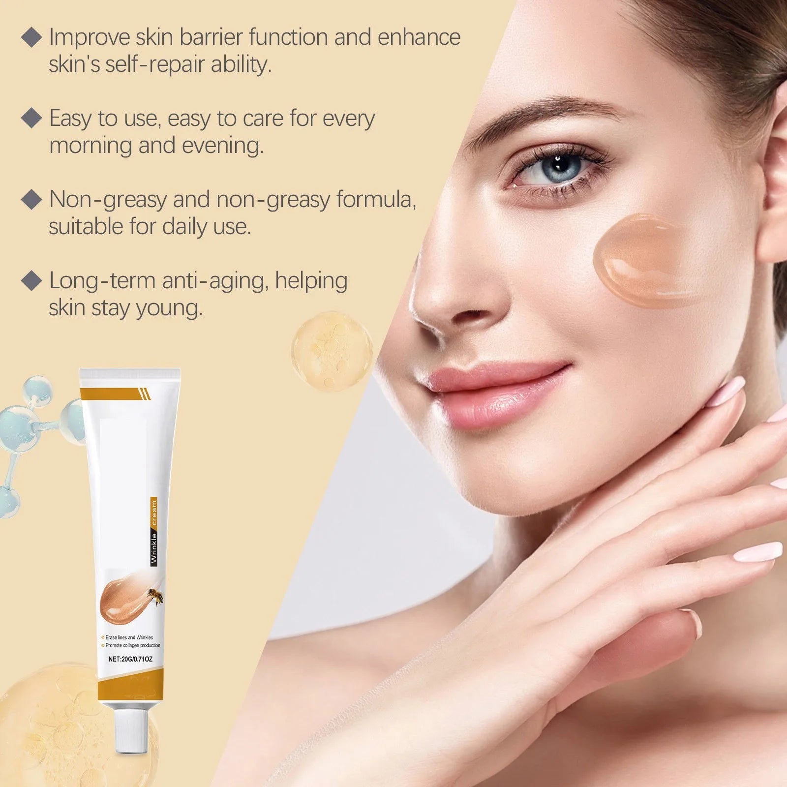 Facial Care Cream, Bee Venom Anti-Wrinkle Cream, Hydrating, Brightening, Delicate Rejuvenating, Soft Skin Care Cream 20g, 0.71oz