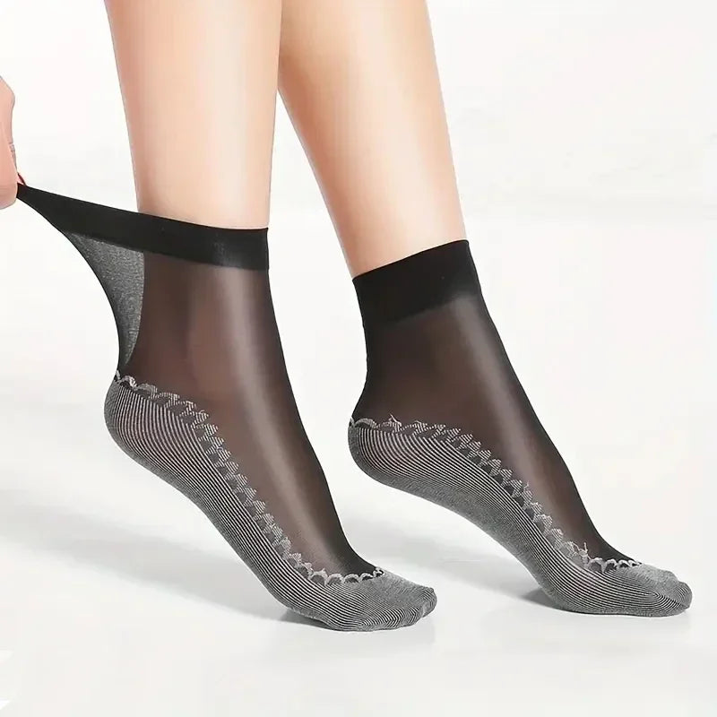 1/10pairs Lace Ultrathin Socks Women Summer Breathable Silk Socks Female Mesh Elastic Non-Slip Bottom Splice Ankle Short Sox