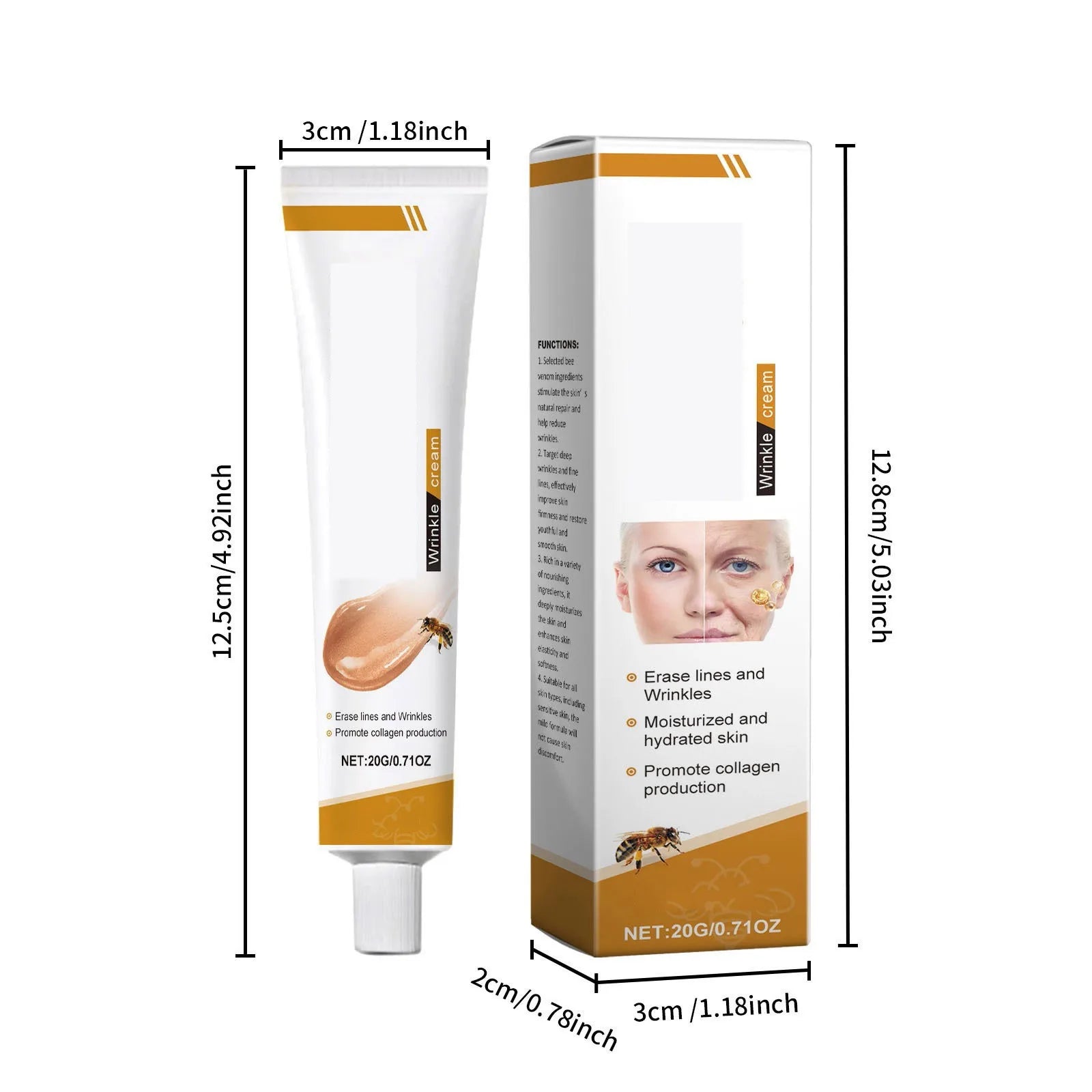Facial Care Cream, Bee Venom Anti-Wrinkle Cream, Hydrating, Brightening, Delicate Rejuvenating, Soft Skin Care Cream 20g, 0.71oz