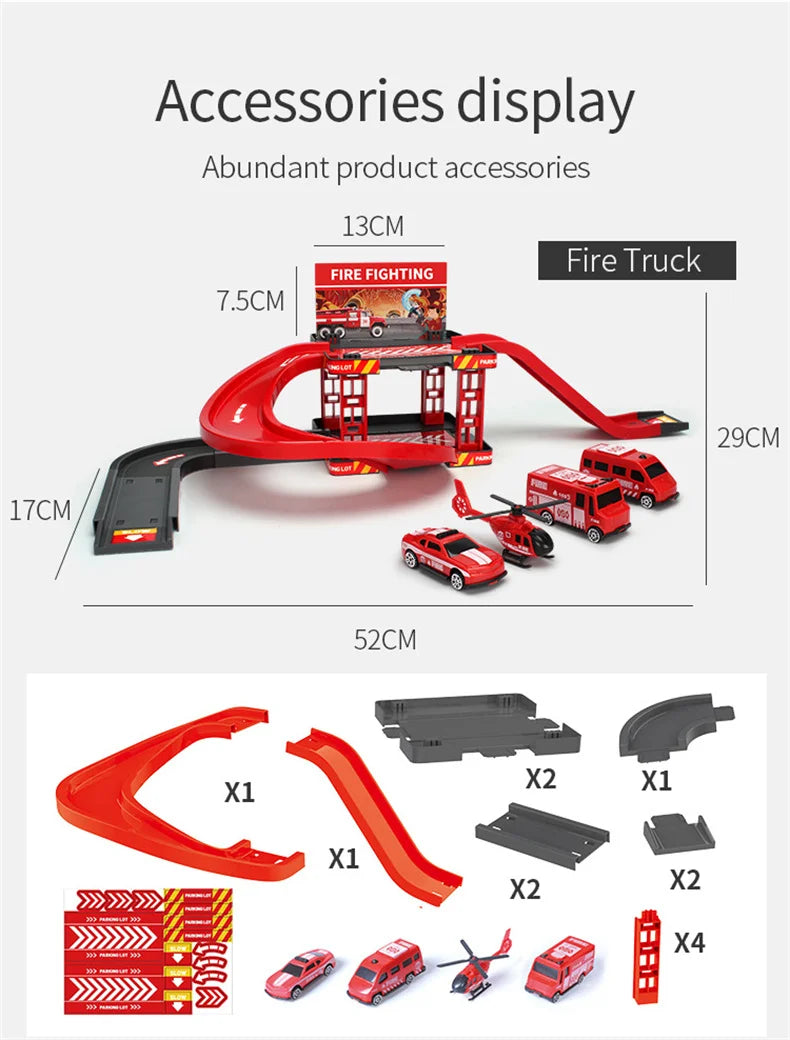Children's Track Parking Lot Fire Truck Police Engineering Vehicle Dinosaur Car Toys Multi-Storey Car Parking Building For boys