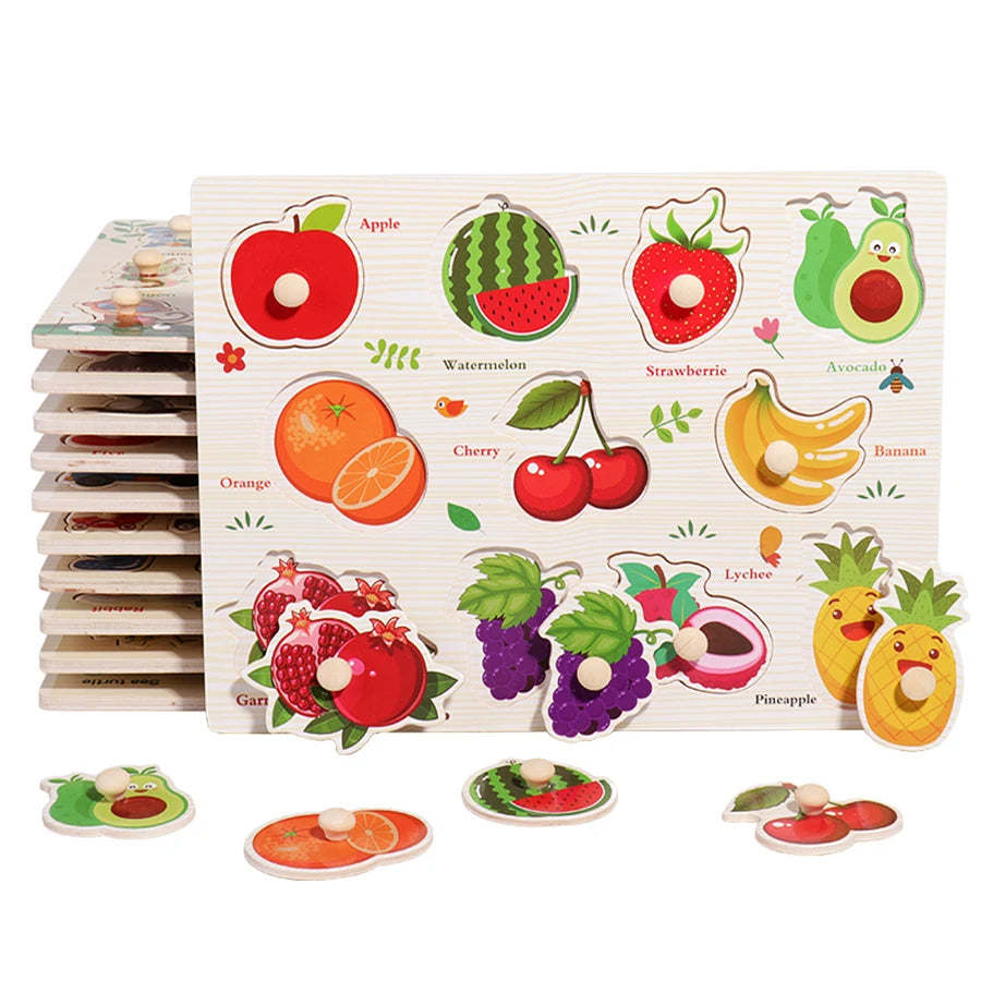 Montessori Wooden Hand Grab Boards Tangram Jigsaw Baby Educational Cartoon Vehicle Animals Fruits 3D Puzzles Early Education