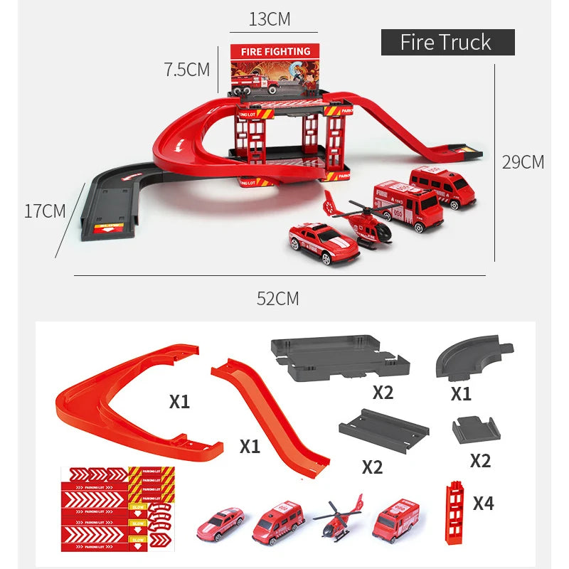 Children's Track Parking Lot Fire Truck Police Engineering Vehicle Dinosaur Car Toys Multi-Storey Car Parking Building For boys