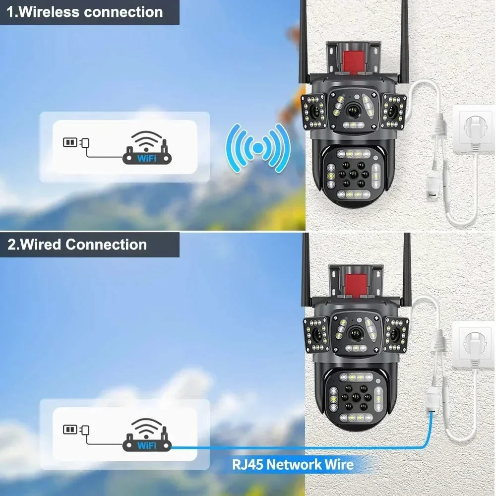 6K 12MP WiFi Surveillance Camera Outdoor Three Lens Three Screen Protection Motion Detection PTZ IP Security Survalance Camera