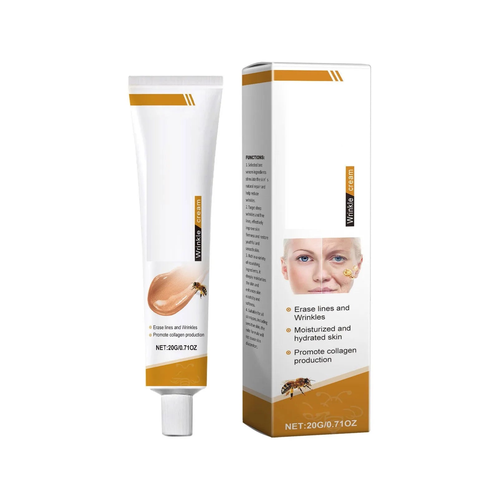 Facial Care Cream, Bee Venom Anti-Wrinkle Cream, Hydrating, Brightening, Delicate Rejuvenating, Soft Skin Care Cream 20g, 0.71oz