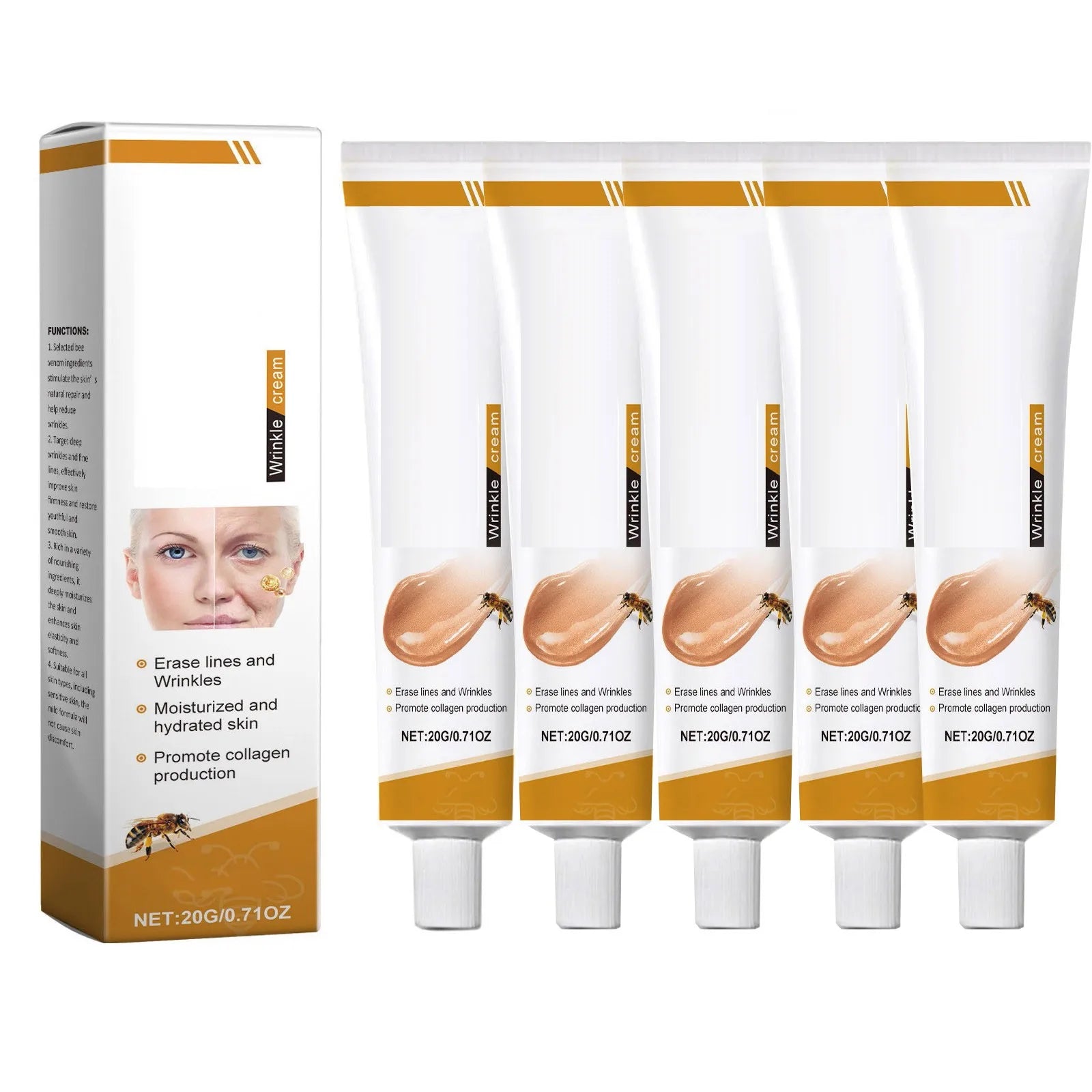 Facial Care Cream, Bee Venom Anti-Wrinkle Cream, Hydrating, Brightening, Delicate Rejuvenating, Soft Skin Care Cream 20g, 0.71oz