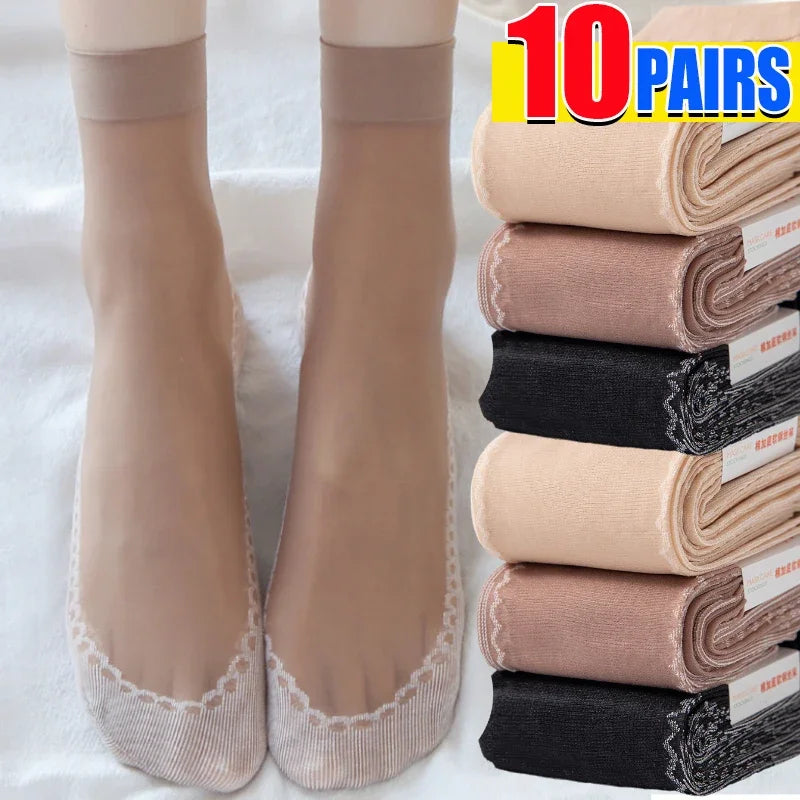 1/10pairs Lace Ultrathin Socks Women Summer Breathable Silk Socks Female Mesh Elastic Non-Slip Bottom Splice Ankle Short Sox