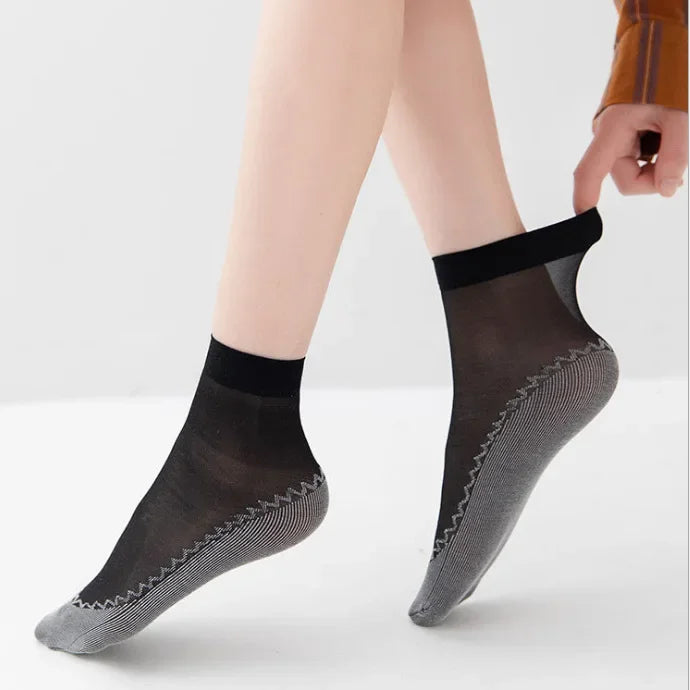 1/10pairs Lace Ultrathin Socks Women Summer Breathable Silk Socks Female Mesh Elastic Non-Slip Bottom Splice Ankle Short Sox