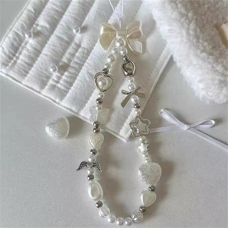 Beaded Phone Chain Charm Lanyard for iPhone Samsung, Cute Baroque White Bow, Flower Charm, Universal Accessories Jewelry Pendant