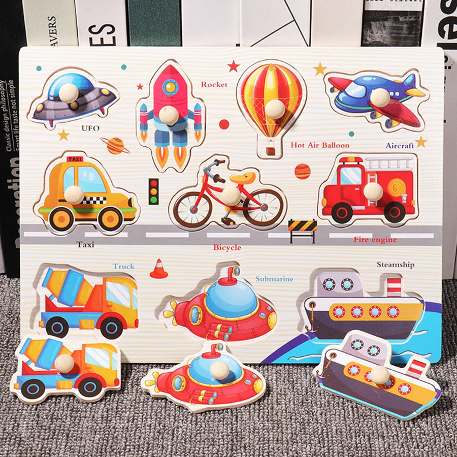 Montessori Wooden Hand Grab Boards Tangram Jigsaw Baby Educational Cartoon Vehicle Animals Fruits 3D Puzzles Early Education