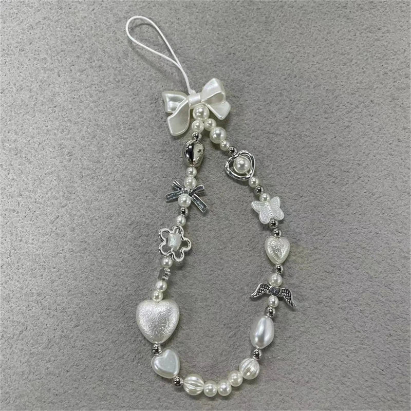 Beaded Phone Chain Charm Lanyard for iPhone Samsung, Cute Baroque White Bow, Flower Charm, Universal Accessories Jewelry Pendant