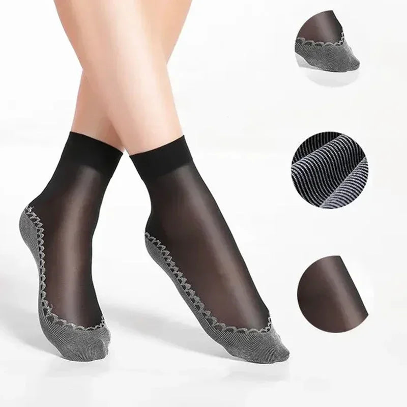 1/10pairs Lace Ultrathin Socks Women Summer Breathable Silk Socks Female Mesh Elastic Non-Slip Bottom Splice Ankle Short Sox