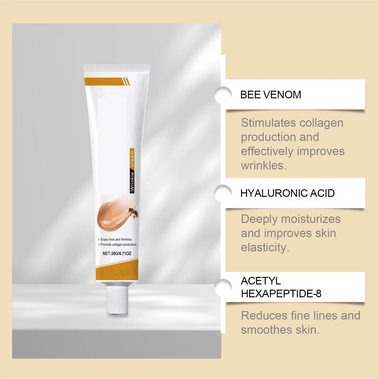 Facial Care Cream, Bee Venom Anti-Wrinkle Cream, Hydrating, Brightening, Delicate Rejuvenating, Soft Skin Care Cream 20g, 0.71oz