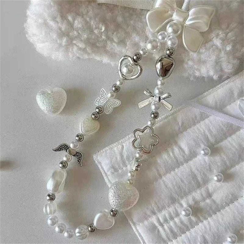 Beaded Phone Chain Charm Lanyard for iPhone Samsung, Cute Baroque White Bow, Flower Charm, Universal Accessories Jewelry Pendant
