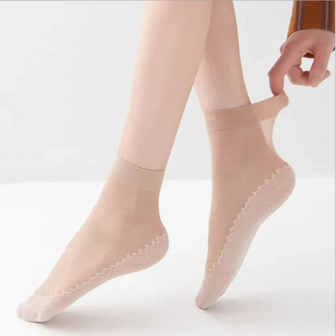 1/10pairs Lace Ultrathin Socks Women Summer Breathable Silk Socks Female Mesh Elastic Non-Slip Bottom Splice Ankle Short Sox