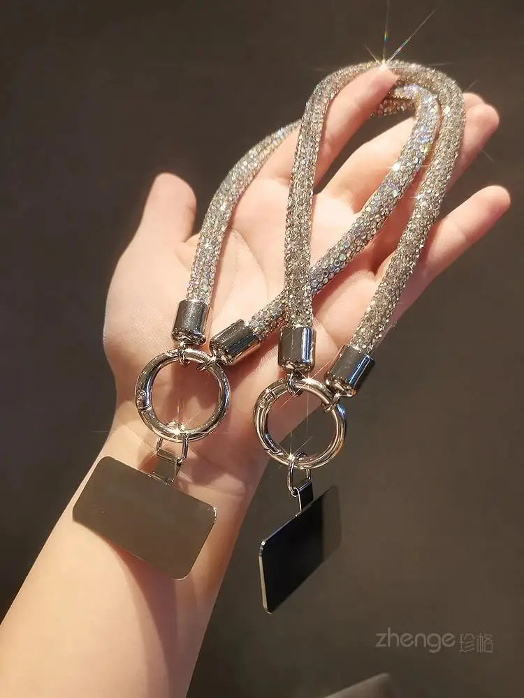 1pcs Short Full Diamond Mobile Phone Lanyard Women's Small Fragrant Wind Short Wrist Case Universal Anyard Metal Clip Lanyard DY