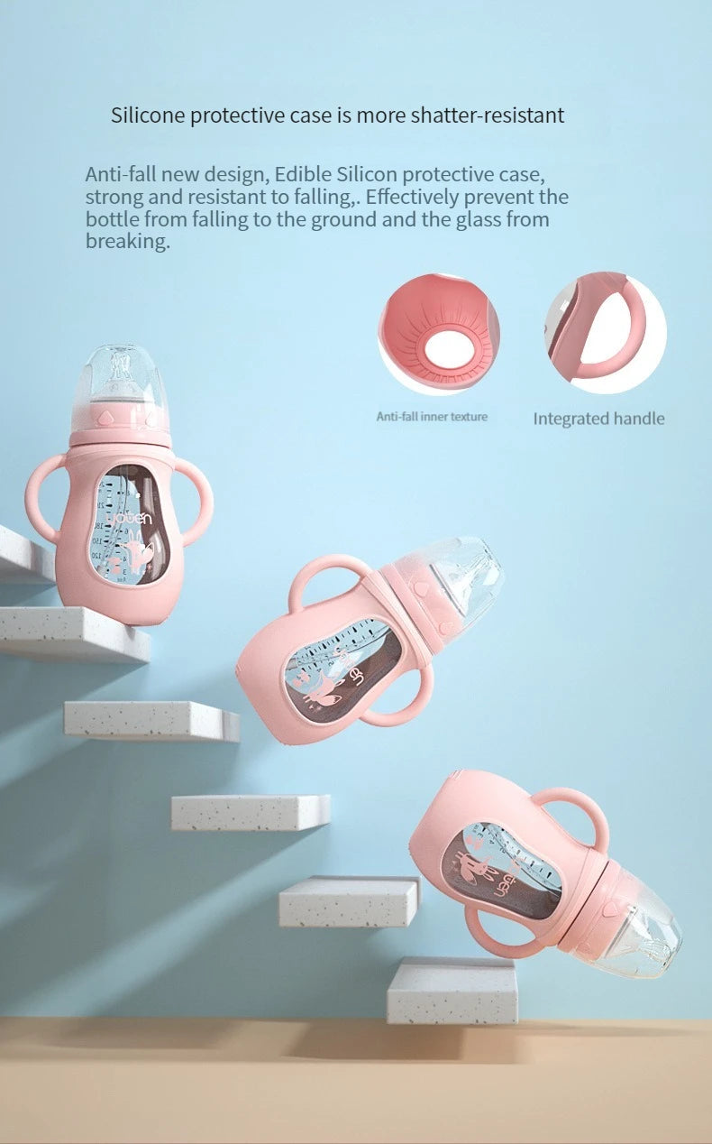 Glass Baby Bottle with Straw Wide Mouth Glass Silicone Handle Shatter Resistant and Autoclavable BPA Free