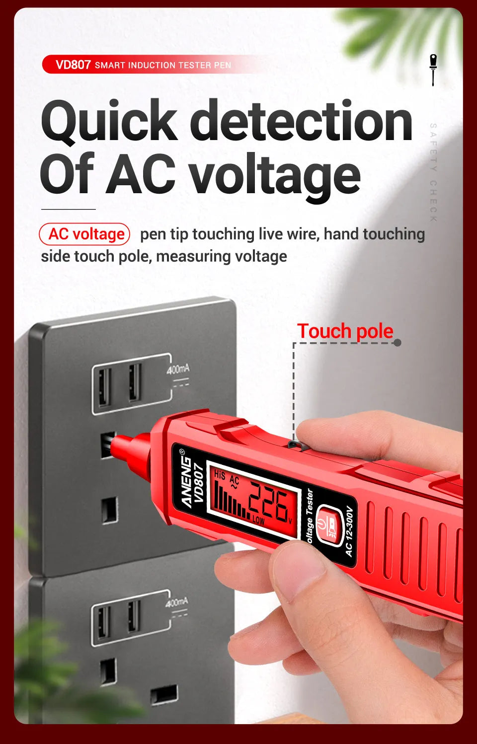 ANENG VD807 One-word Induction Portable 50/60Hz Smart Electric Pen Tester NCV Sensor AC 12-300V Non-contact Wire Detector Tools