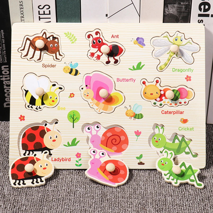 Montessori Wooden Hand Grab Boards Tangram Jigsaw Baby Educational Cartoon Vehicle Animals Fruits 3D Puzzles Early Education