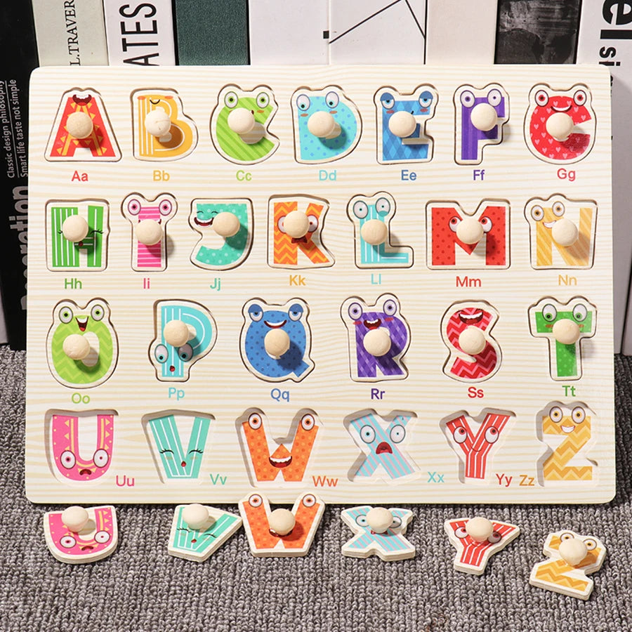 Montessori Wooden Hand Grab Boards Tangram Jigsaw Baby Educational Cartoon Vehicle Animals Fruits 3D Puzzles Early Education