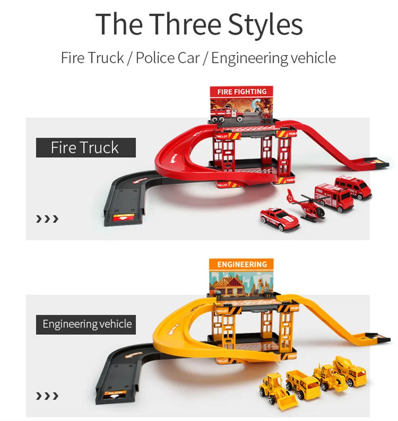 Children's Track Parking Lot Fire Truck Police Engineering Vehicle Dinosaur Car Toys Multi-Storey Car Parking Building For boys