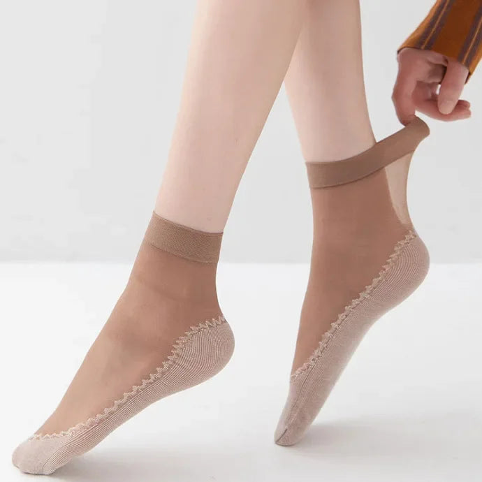 1/10pairs Lace Ultrathin Socks Women Summer Breathable Silk Socks Female Mesh Elastic Non-Slip Bottom Splice Ankle Short Sox
