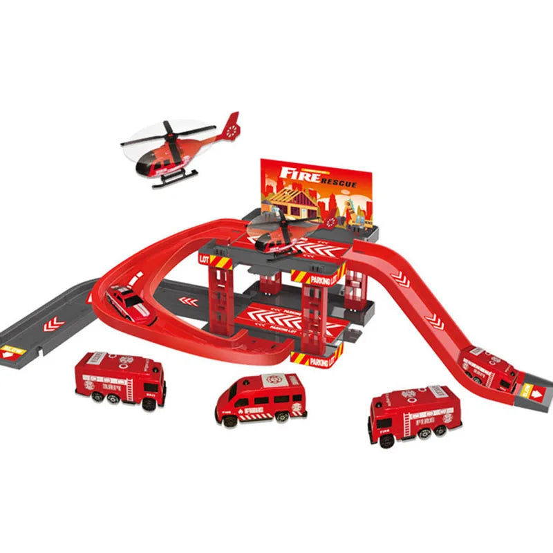Children's Track Parking Lot Fire Truck Police Engineering Vehicle Dinosaur Car Toys Multi-Storey Car Parking Building For boys