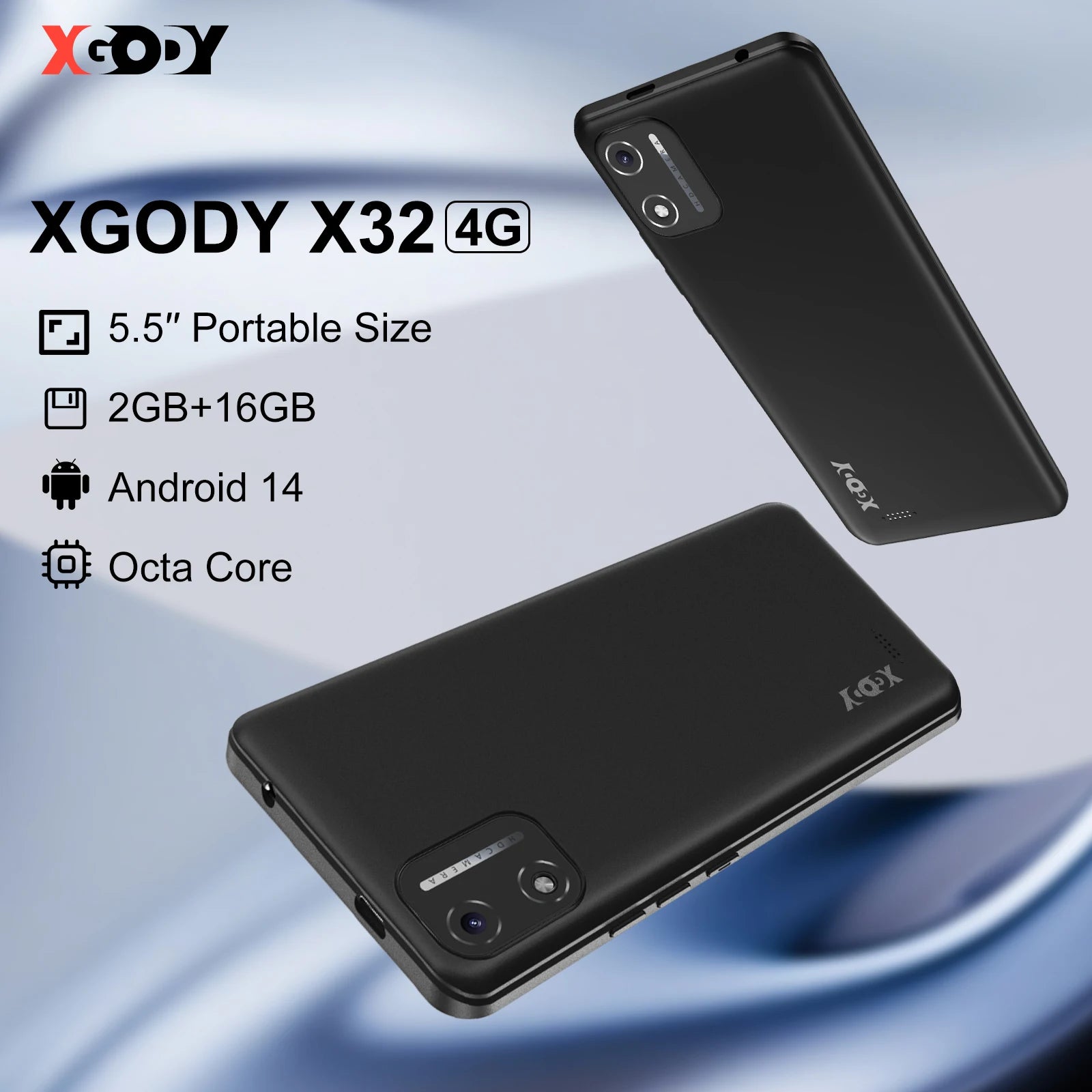 XGODY X32 Smartphone,Android 14,Dual SIM 4G,Mobile Phones,Octa Core,4GB RAM,16GB ROM,5.5 inch,2850mAh,Face Unlocked,Cellphones