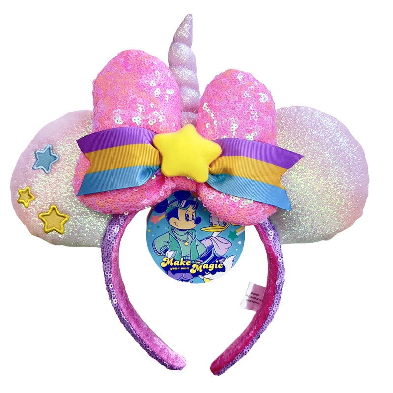 2025 Disney Mickey Mouse Ear Headband Amusement Park Hair Hoop Fish scale sequin mesh Party Headwear Girl Toy Birthday