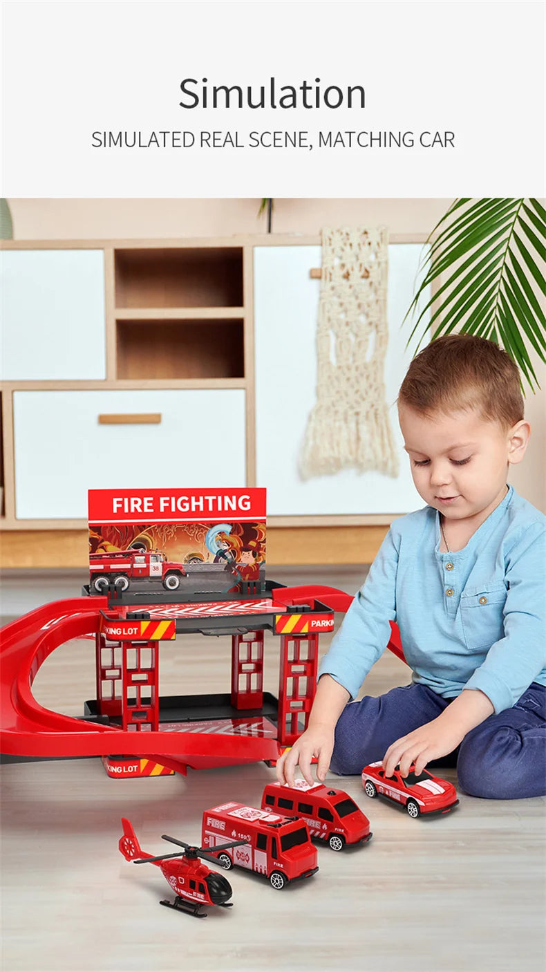 Children's Track Parking Lot Fire Truck Police Engineering Vehicle Dinosaur Car Toys Multi-Storey Car Parking Building For boys