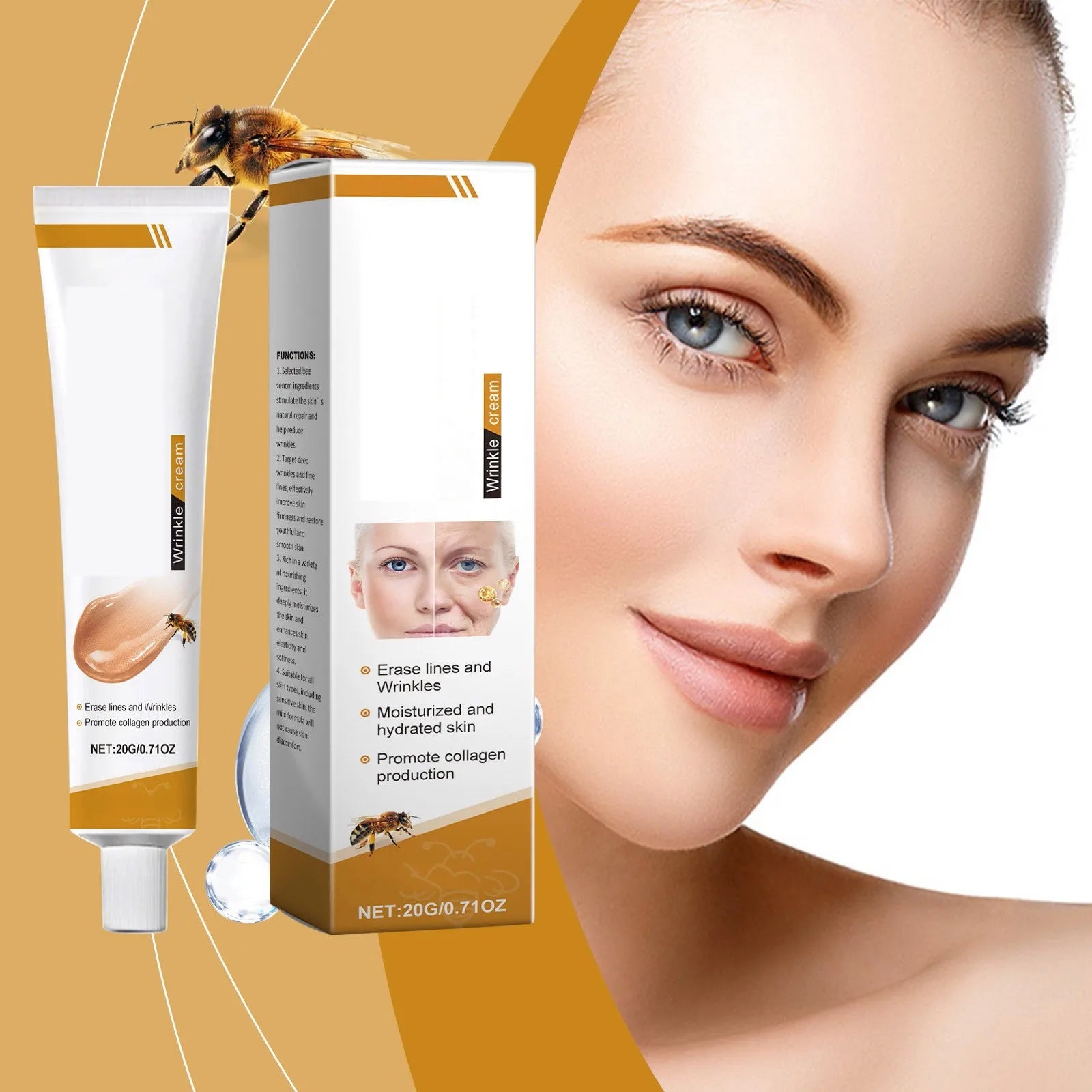 Facial Care Cream, Bee Venom Anti-Wrinkle Cream, Hydrating, Brightening, Delicate Rejuvenating, Soft Skin Care Cream 20g, 0.71oz