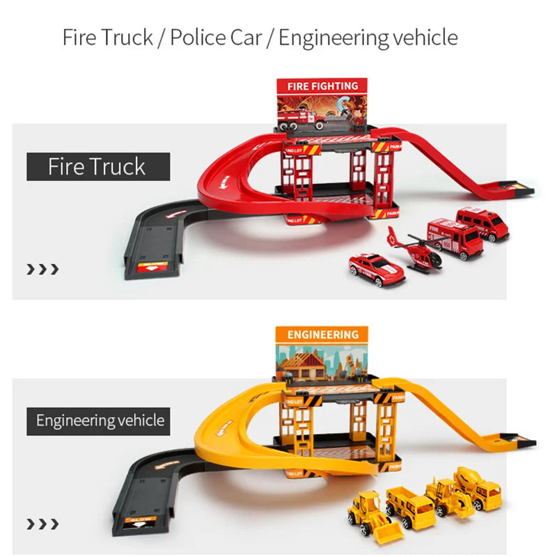 Children's Track Parking Lot Fire Truck Police Engineering Vehicle Dinosaur Car Toys Multi-Storey Car Parking Building For boys