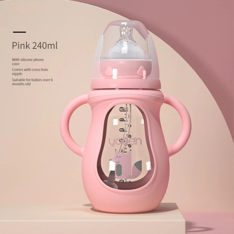 Glass Baby Bottle with Straw Wide Mouth Glass Silicone Handle Shatter Resistant and Autoclavable BPA Free