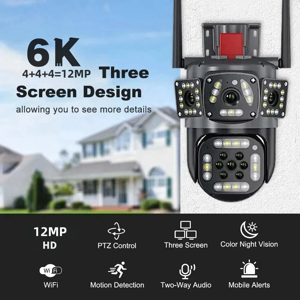 6K 12MP WiFi Surveillance Camera Outdoor Three Lens Three Screen Protection Motion Detection PTZ IP Security Survalance Camera