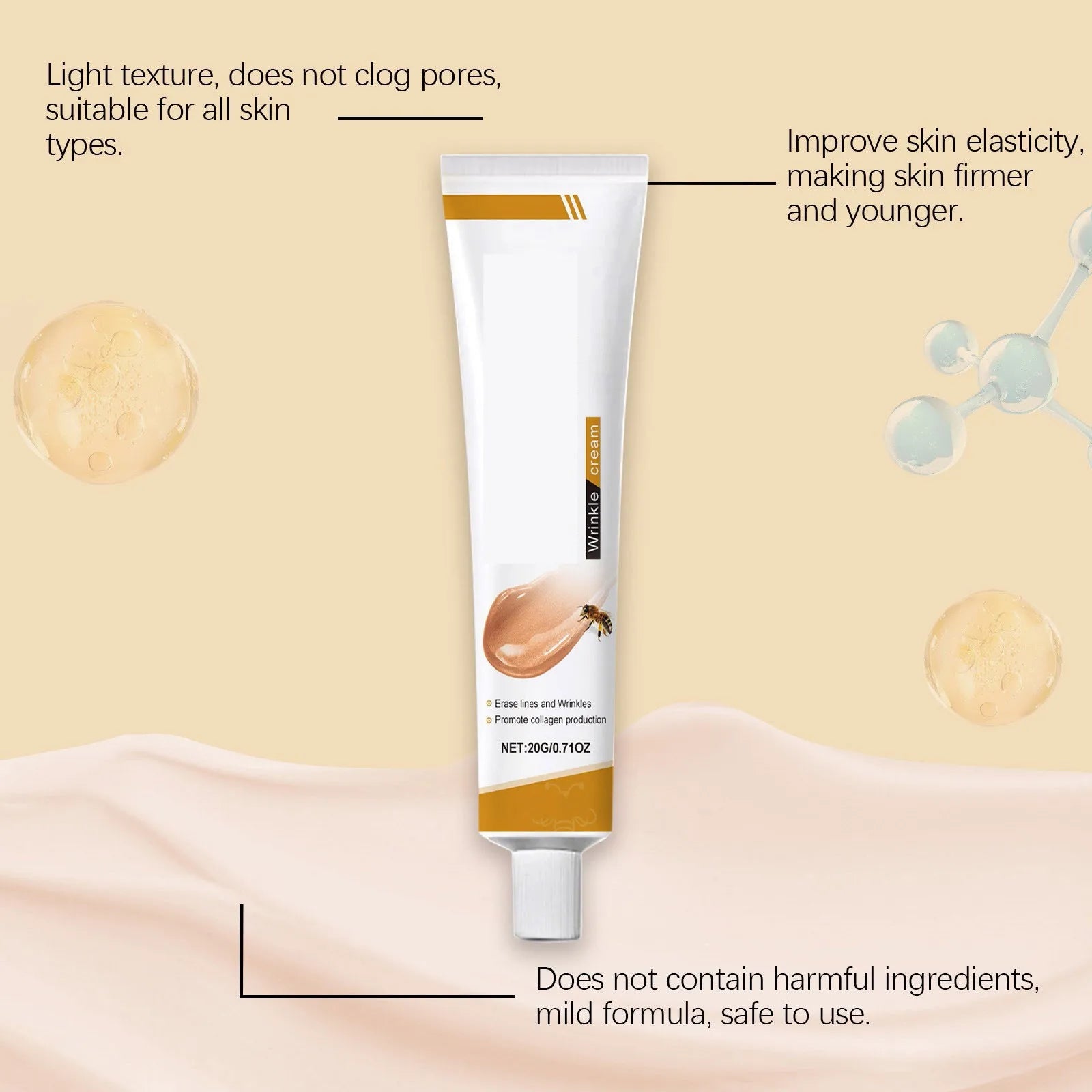 Facial Care Cream, Bee Venom Anti-Wrinkle Cream, Hydrating, Brightening, Delicate Rejuvenating, Soft Skin Care Cream 20g, 0.71oz