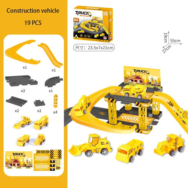 Children's Track Parking Lot Fire Truck Police Engineering Vehicle Dinosaur Car Toys Multi-Storey Car Parking Building For boys