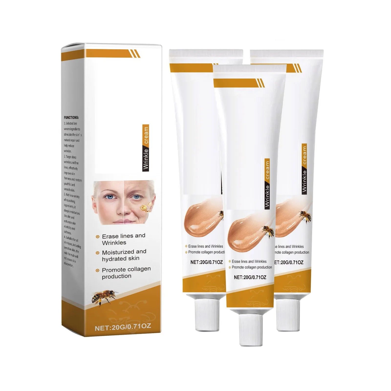Facial Care Cream, Bee Venom Anti-Wrinkle Cream, Hydrating, Brightening, Delicate Rejuvenating, Soft Skin Care Cream 20g, 0.71oz