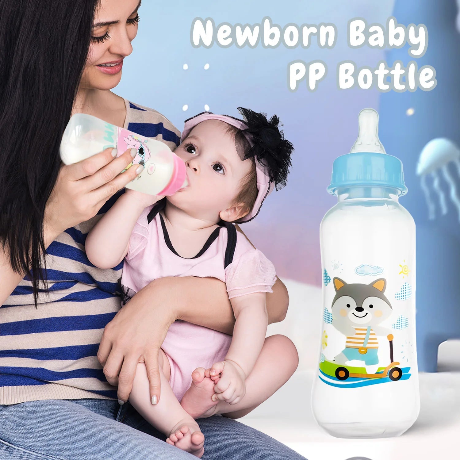 250ml newborn baby bottle, drop-proof and leak-proof baby cartoon PP bottle, safe, durable baby feeding bottle, BPA-free